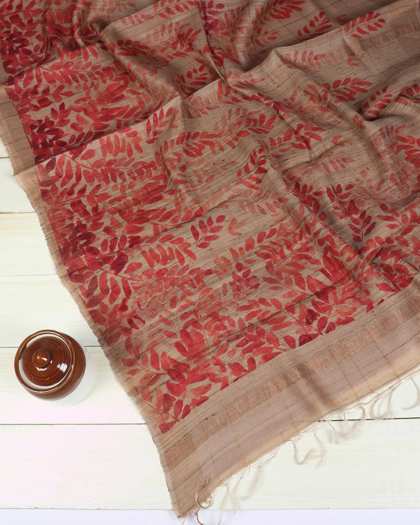 Beige Tussar Printed Saree T3559174
