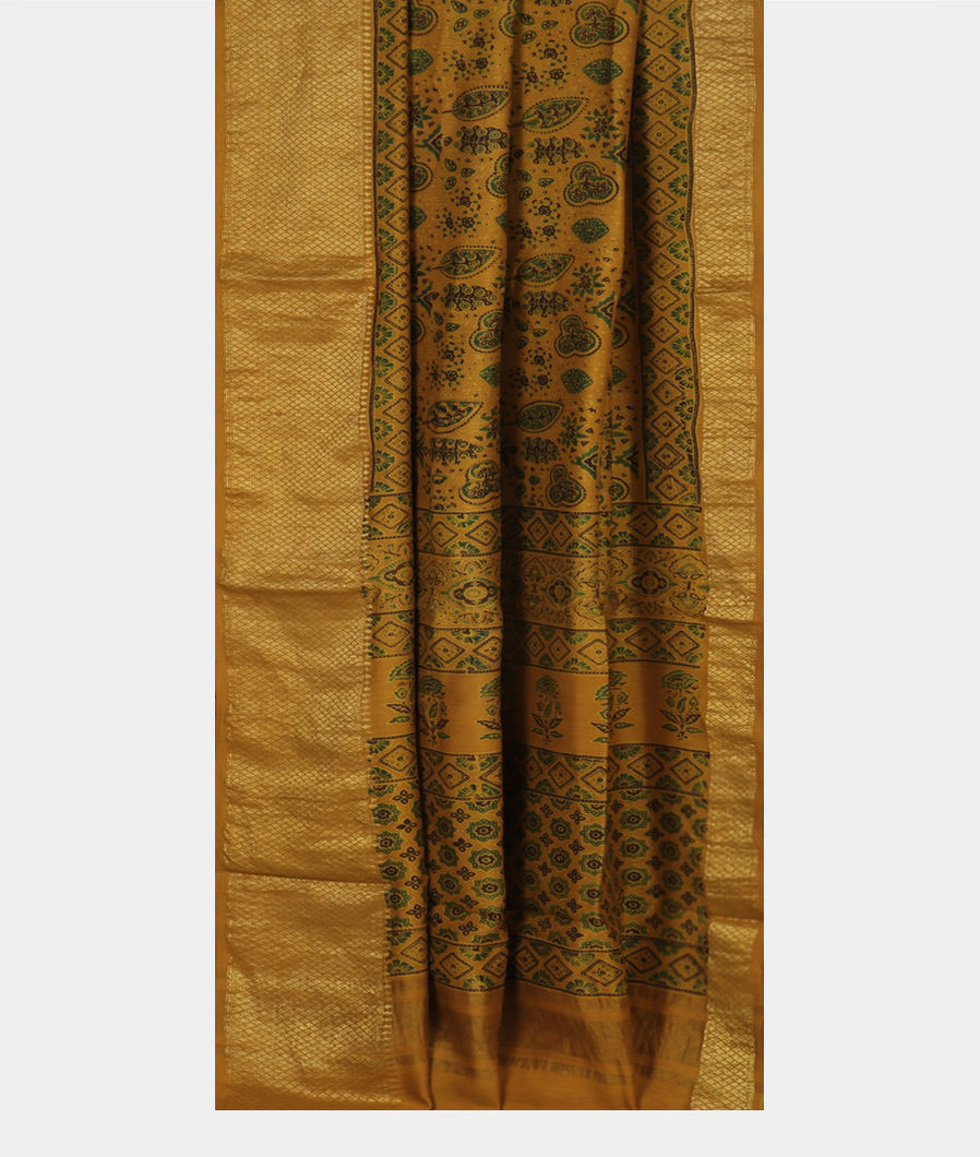 Yellow Ajrakh Printed Chaniya Silk Saree T3641432