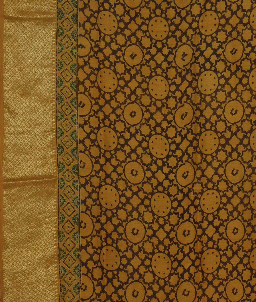 Yellow Ajrakh Printed Chaniya Silk Saree T3641433