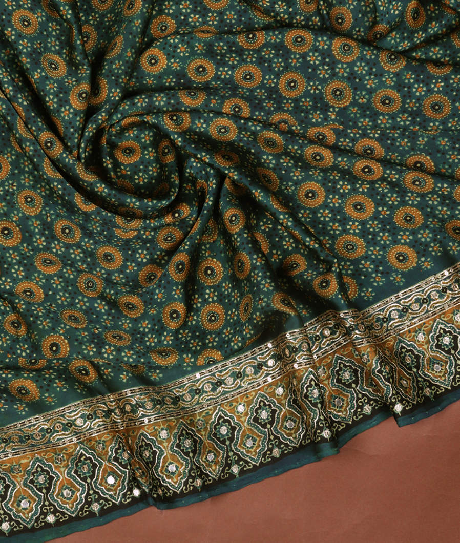 Greenish Blue Ajrakh Printed Modal Silk Saree T363365-image