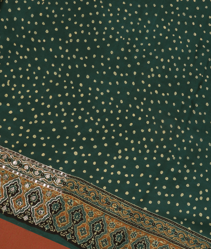 Greenish Blue Ajrakh Printed Modal Silk Saree T3633653