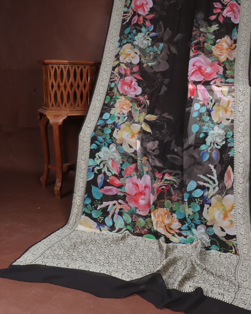 Black Printed Banaras Georgette Silk Saree T363328-image