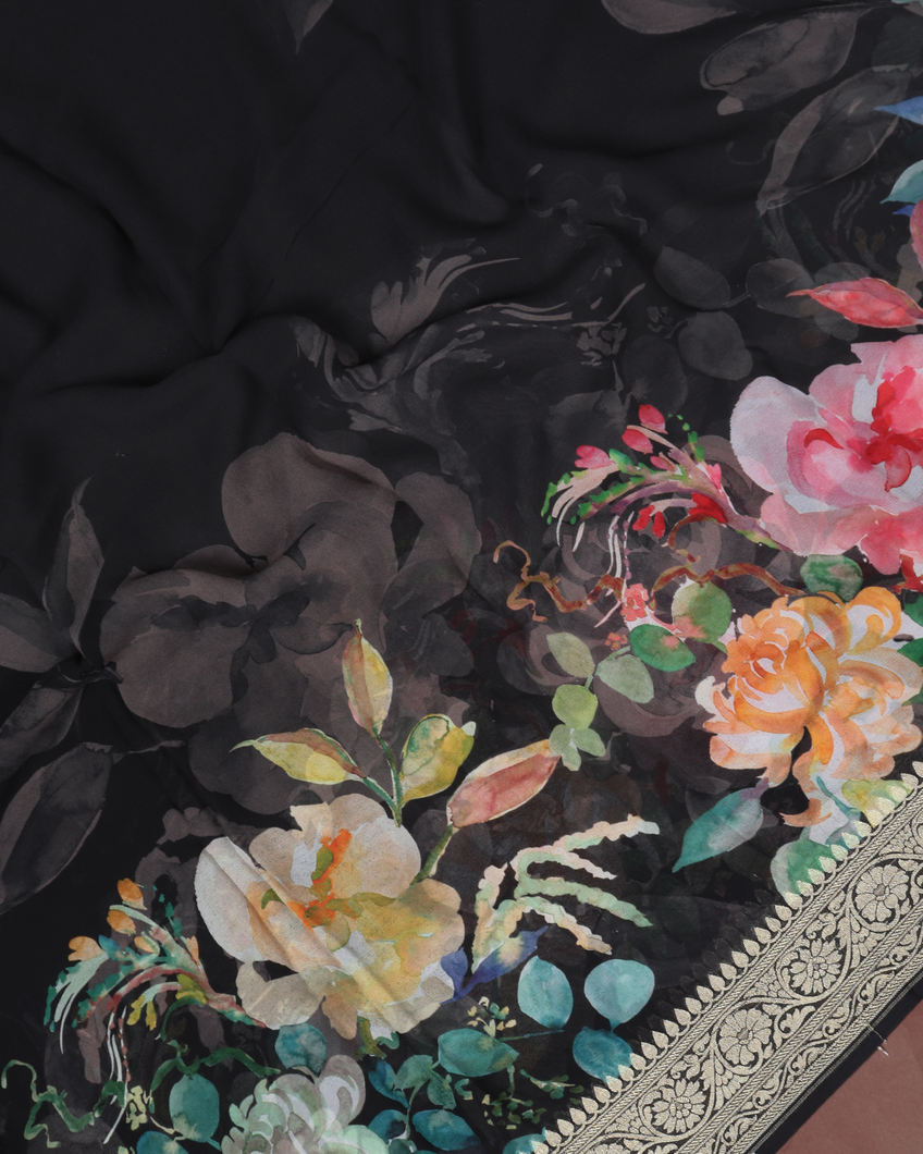 Black Printed Banaras Georgette Silk Saree T3633283
