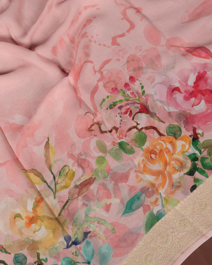 Pink Printed Banaras Georgette Silk Saree T3633253