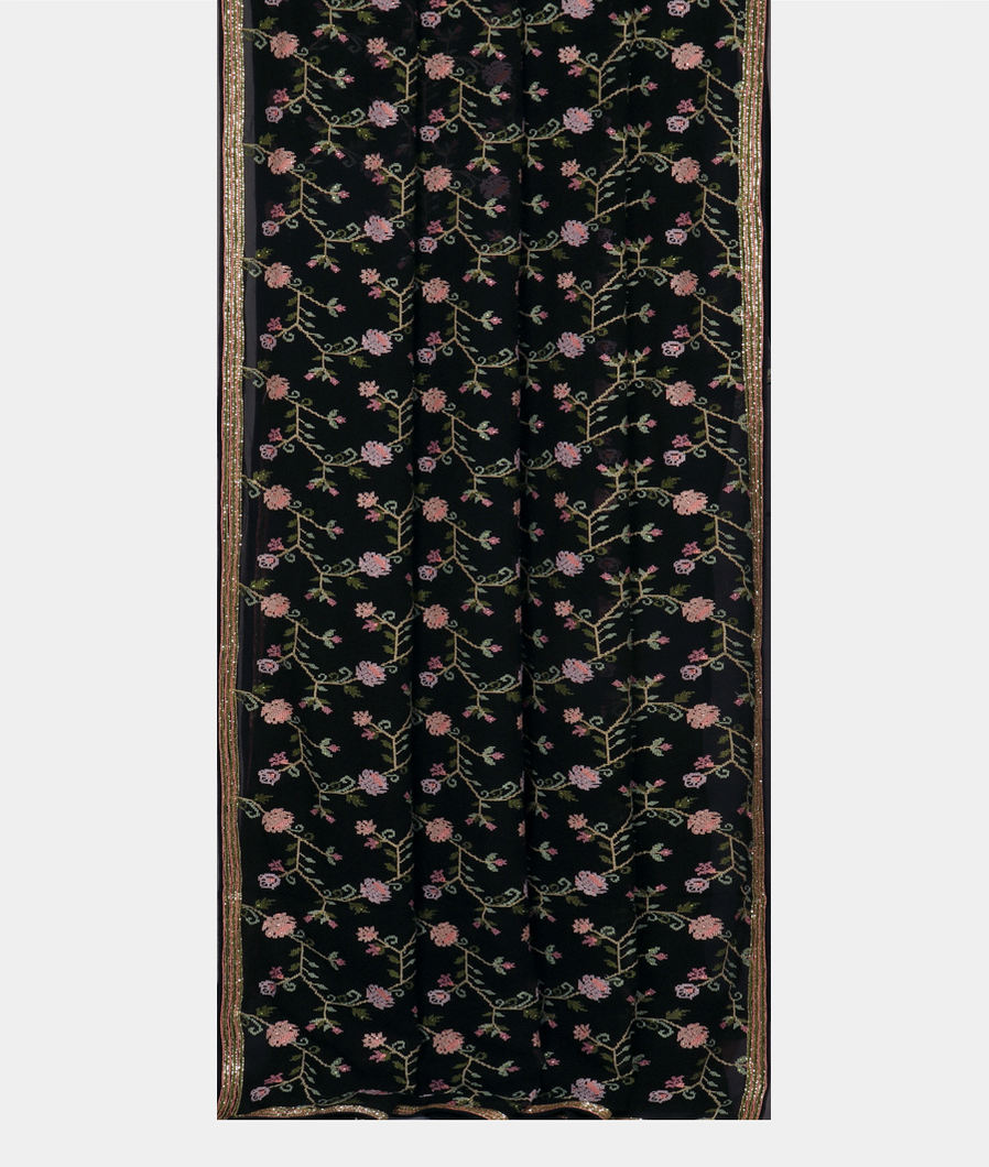 Black Georgette Silk Embroidery Saree T3546222