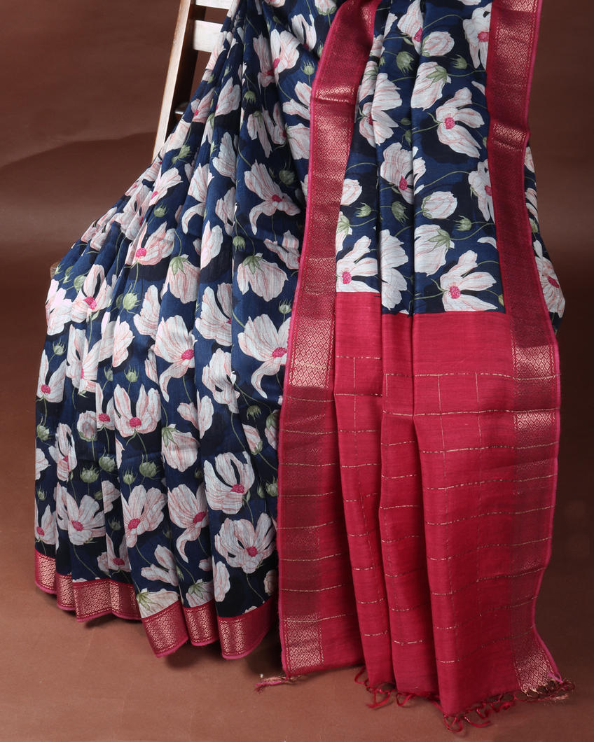 Blue Tussar Printed Saree T3623002