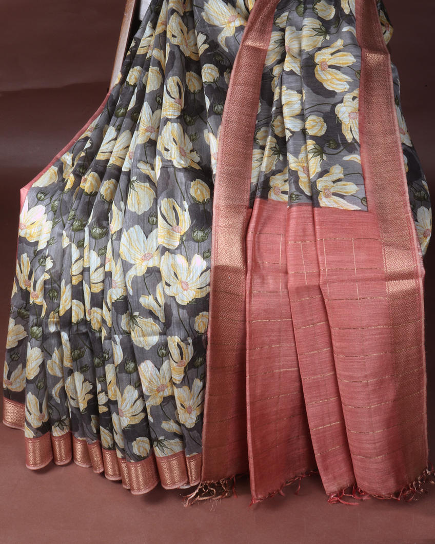 Grey Tussar Printed Saree T3622972