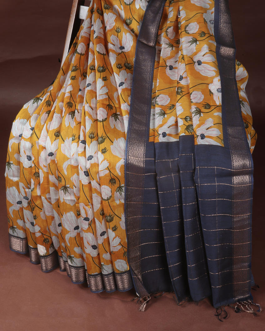 Yellow Tussar Printed Saree T3622932