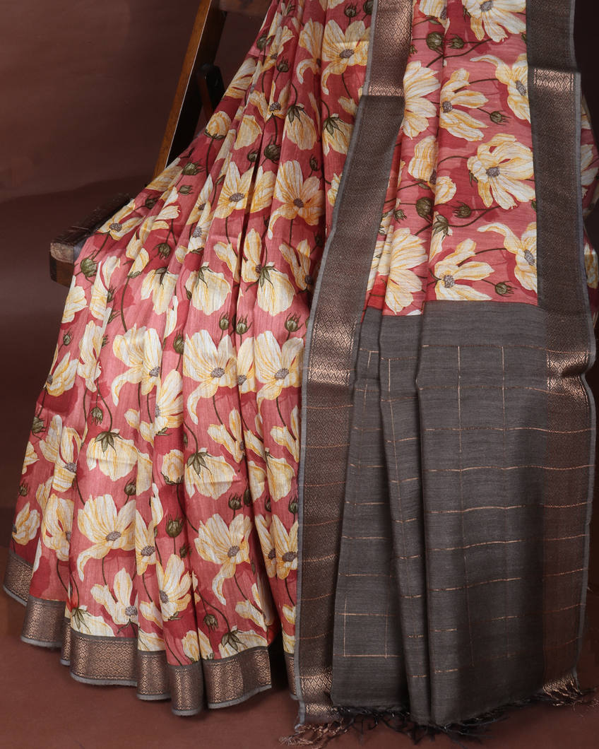 Pink Tussar Printed Saree T3622992