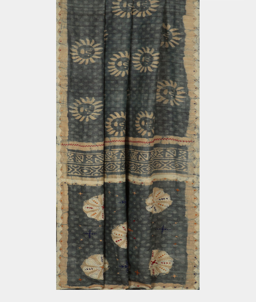 Bluish Grey Tussar Printed Saree T3633672