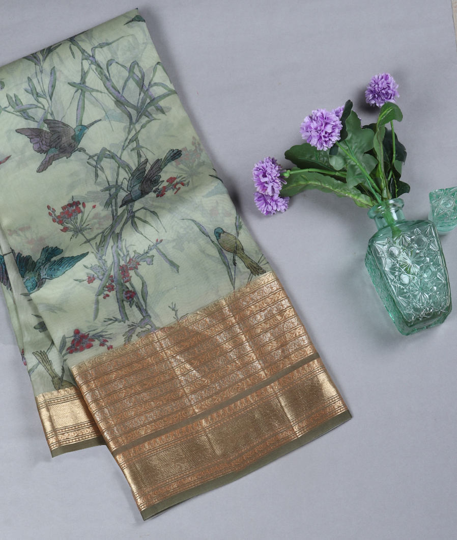 Green Kora Organza Printed Saree T357430-image