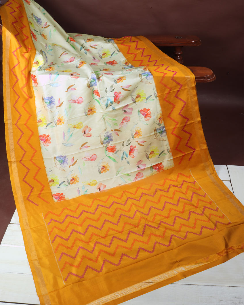 Cream Ikat Silk Saree T3666222