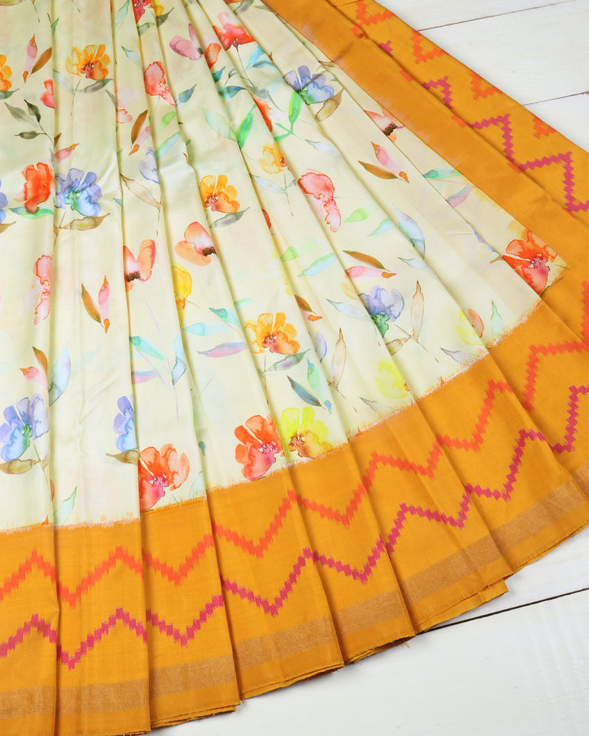 Cream Ikat Silk Saree T3666223