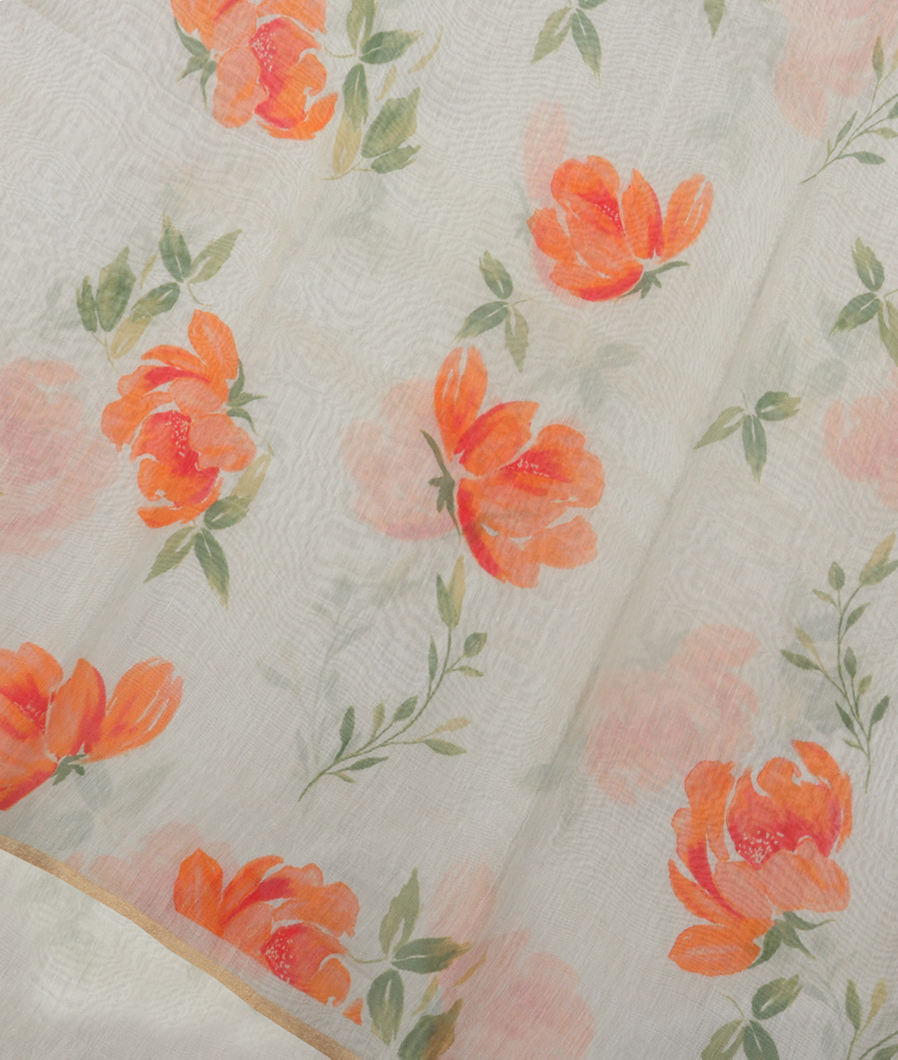 Off-White Soft Printed Cotton Saree T346523-image