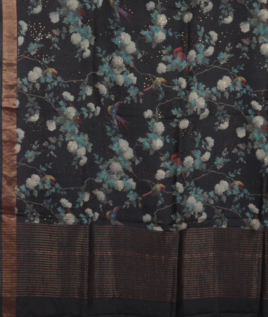 Black Tussar Printed Saree T3666474
