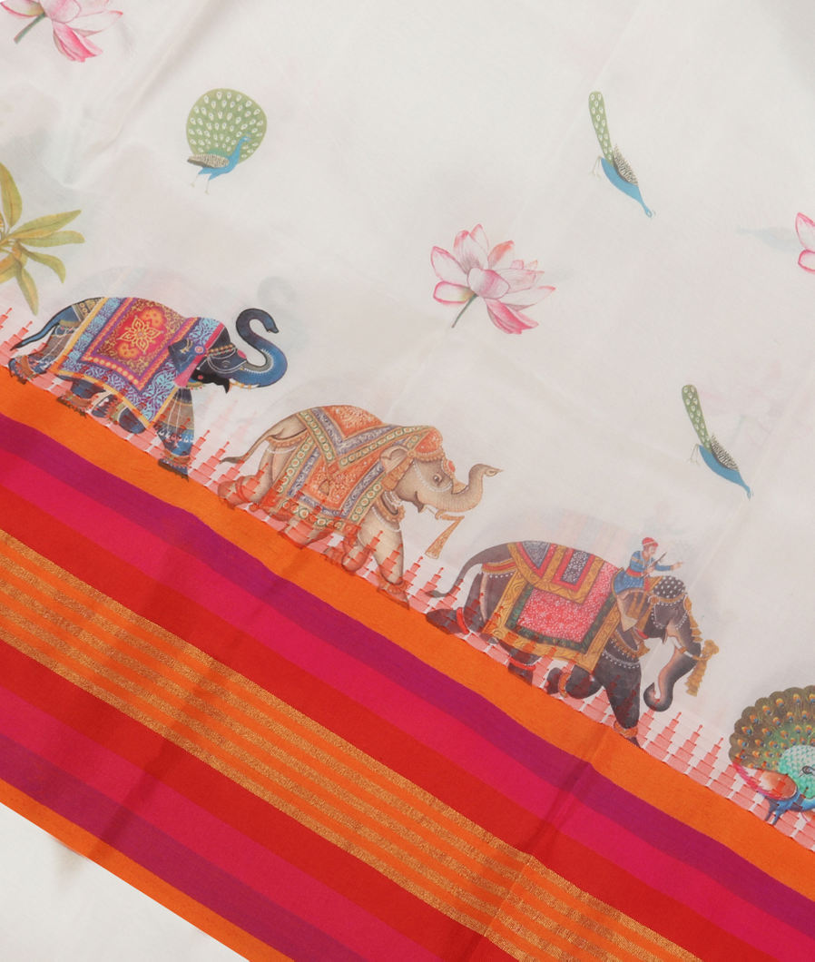 White Printed Soft Silk Saree T368475-image