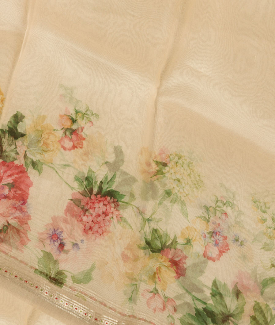 Cream Kora Organza Printed Saree T368472-image