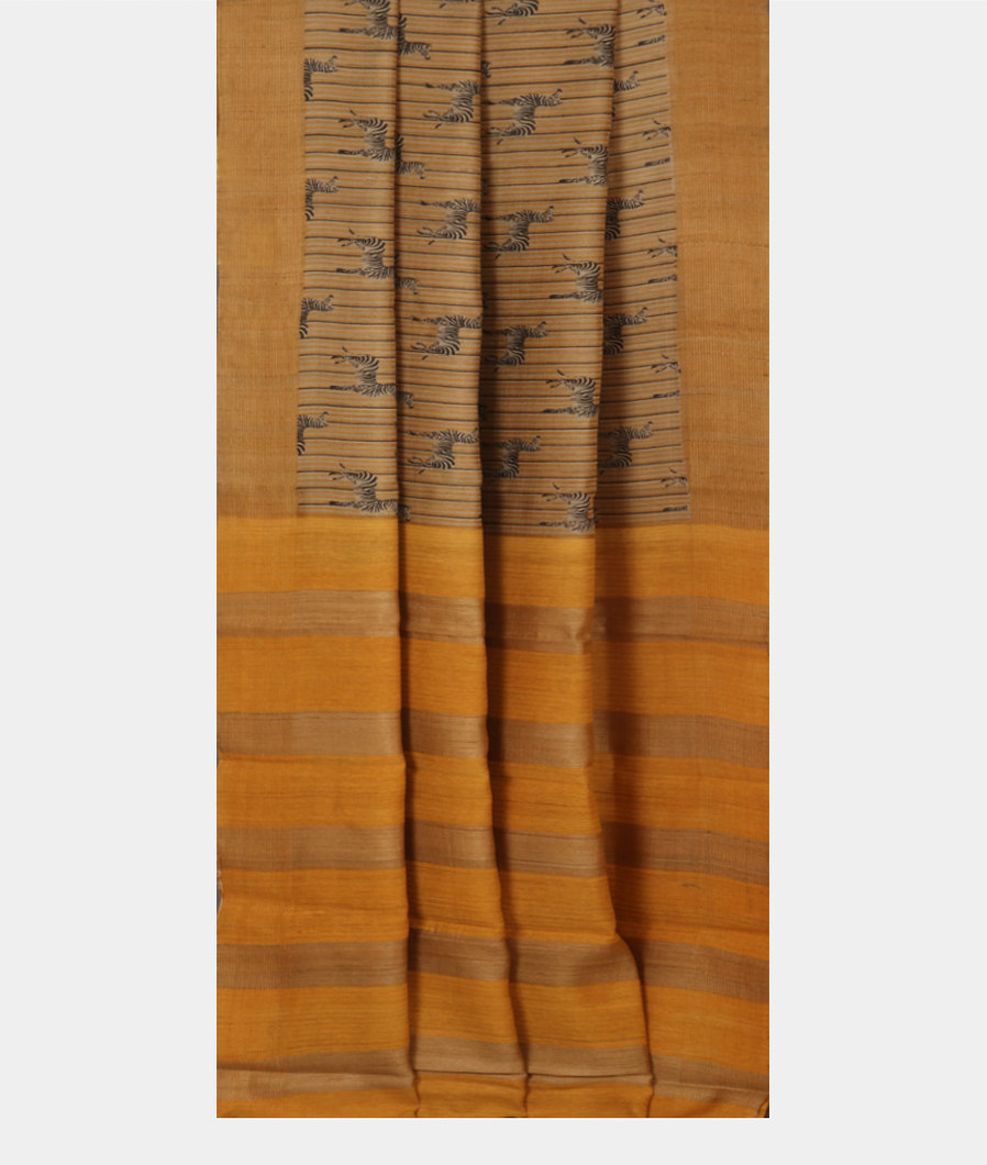 Beige and Yellow Tussar Printed Saree T3197262