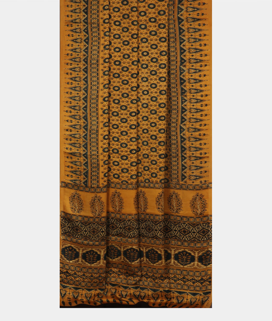 Yellow Ajrakh Printed Modal Silk Saree T3691962