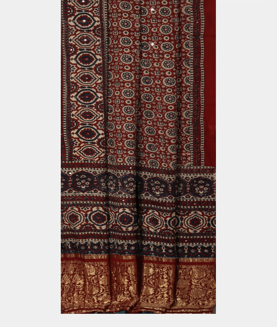 Rust Ajrakh Printed Modal Silk Saree T3692162