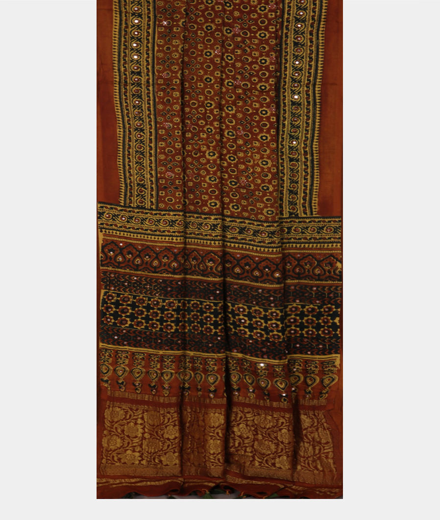 Brown Ajrakh Printed Modal Silk Saree T3692132