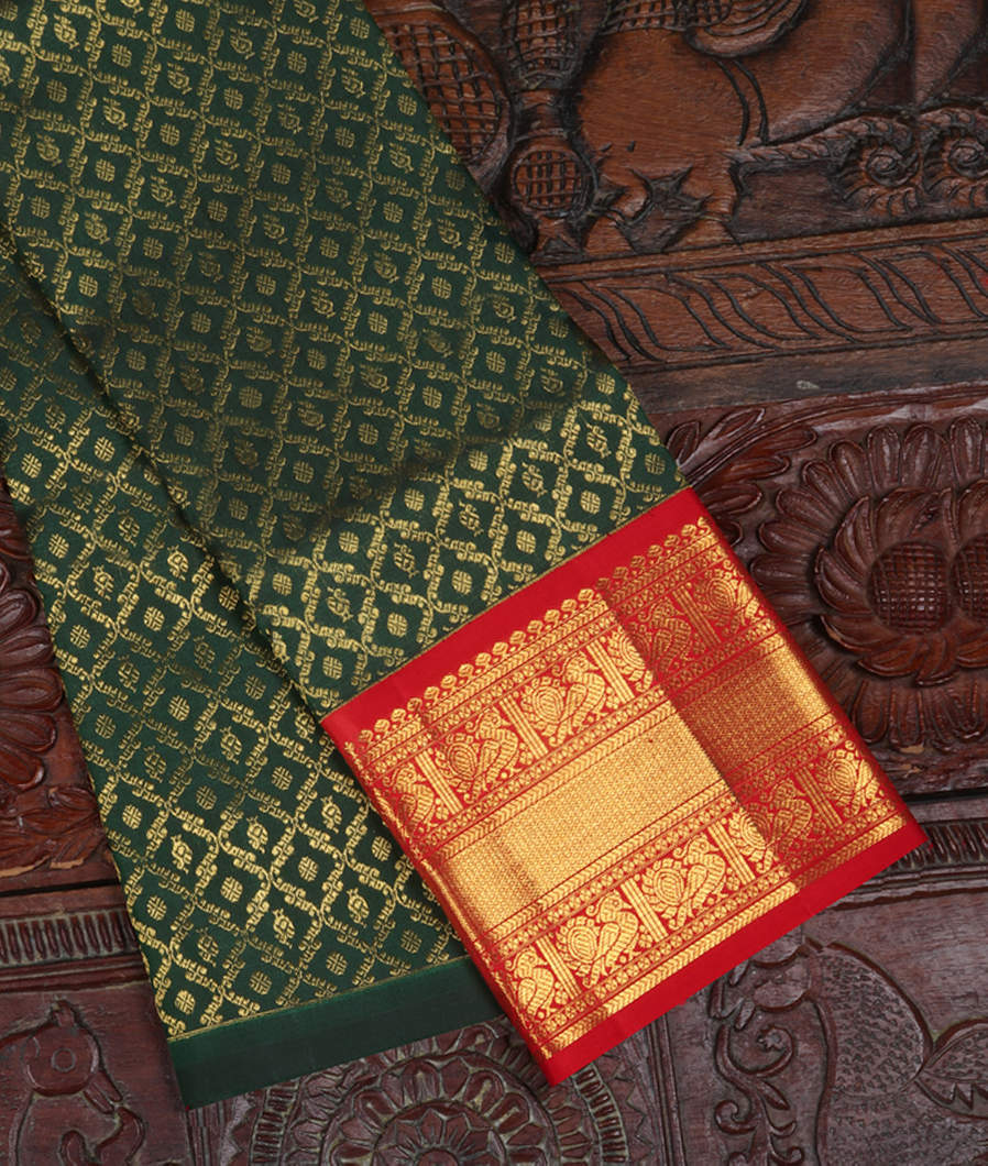 Bottle Green Handwoven Kanjivaram Silk Kids Pavadai T378915-image