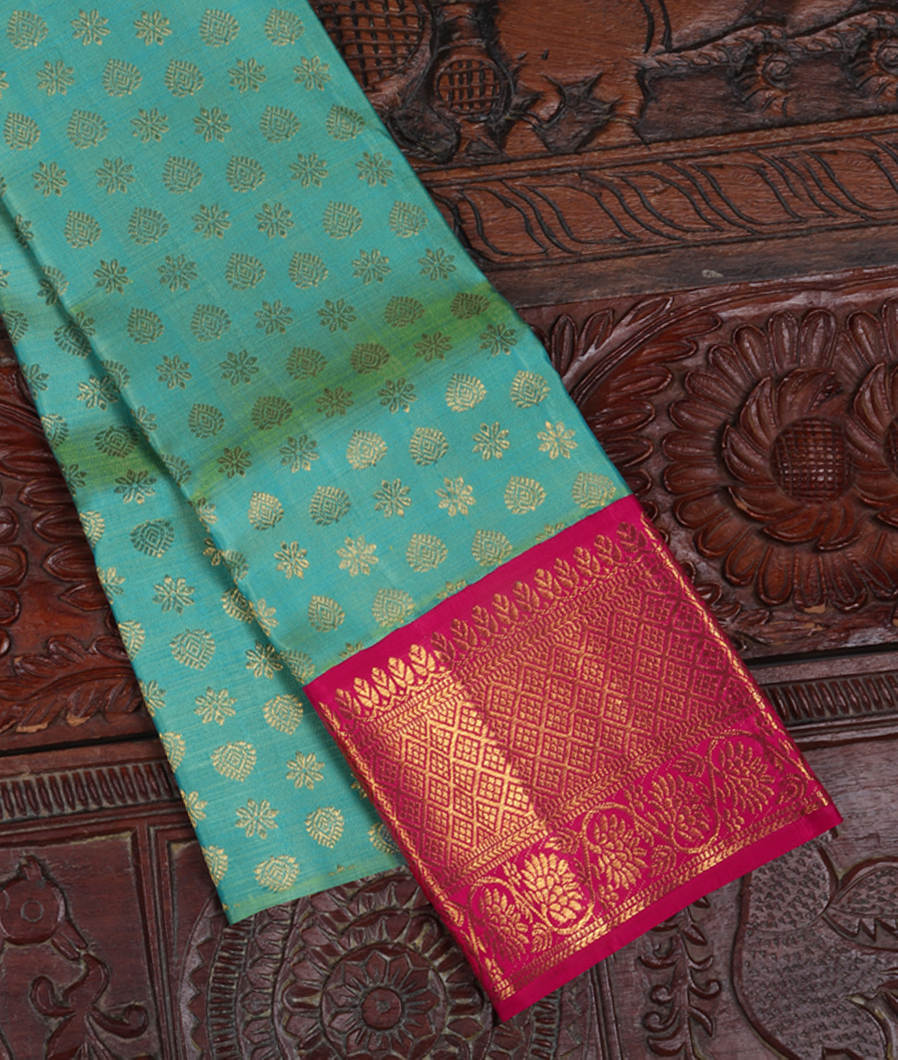 Bluish Green Handwoven Kanjivaram Silk Kids Pavadai T370140-image