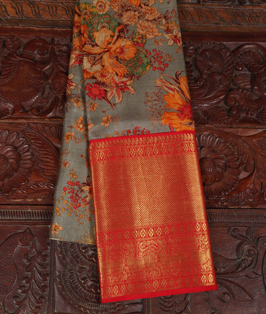 Grey Printed Kanjivaram Silk Pavadai T317938-image