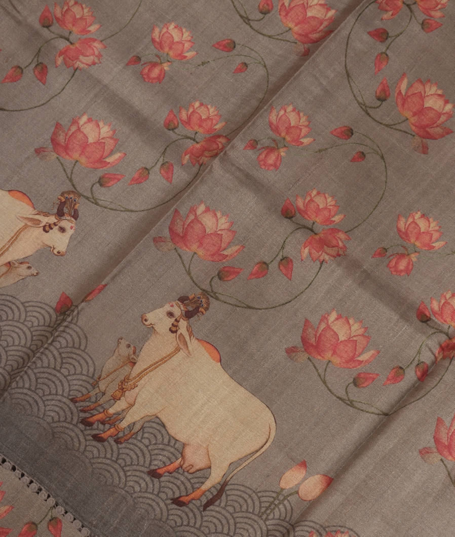Grey Tussar Printed Saree T366083-image