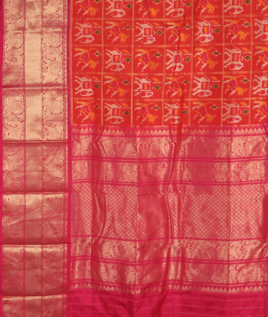 Orange Ikat Silk Saree T3572094