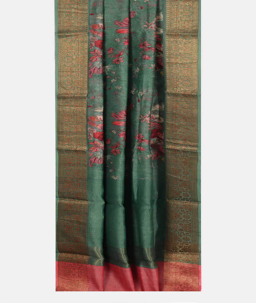 Green Soft Printed Cotton Saree T3709942