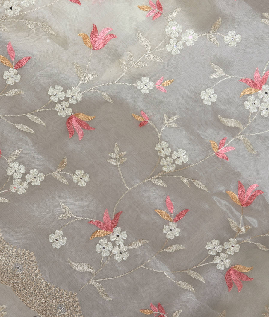 Cream And Light Grey Kora Organza Embroidery Saree T363336-image