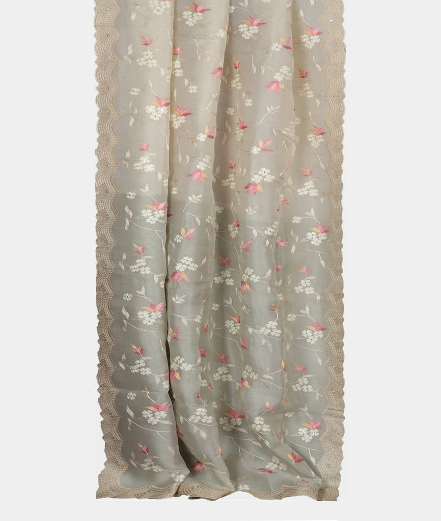 Cream And Light Grey Kora Organza Embroidery Saree T3633362