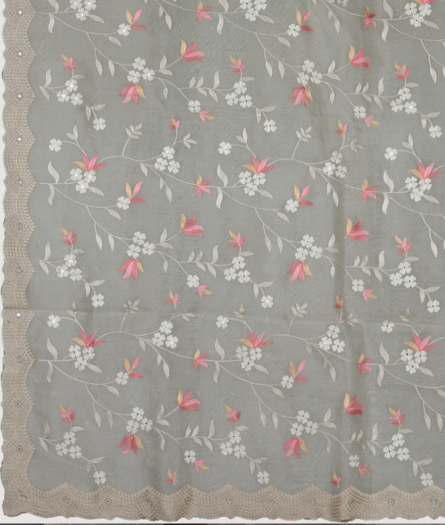 Cream And Light Grey Kora Organza Embroidery Saree T3633364