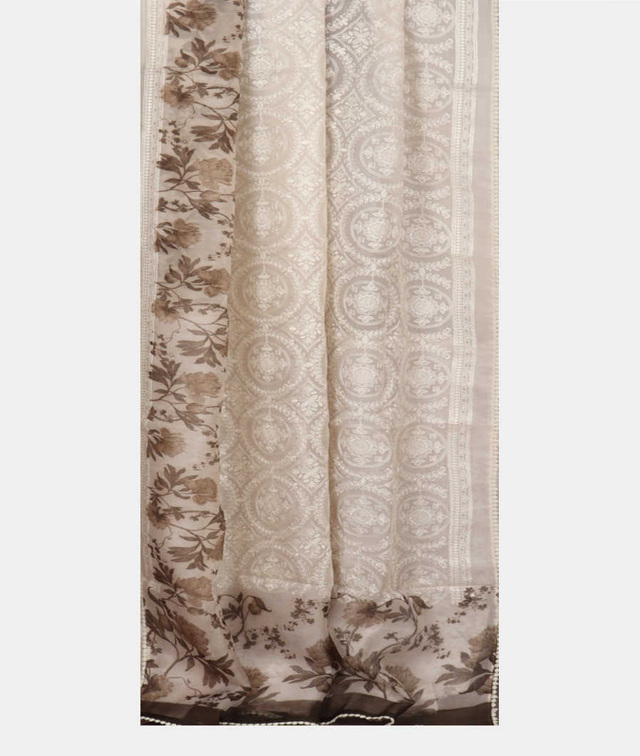 White Kora Organza Embroidery Saree T3738322