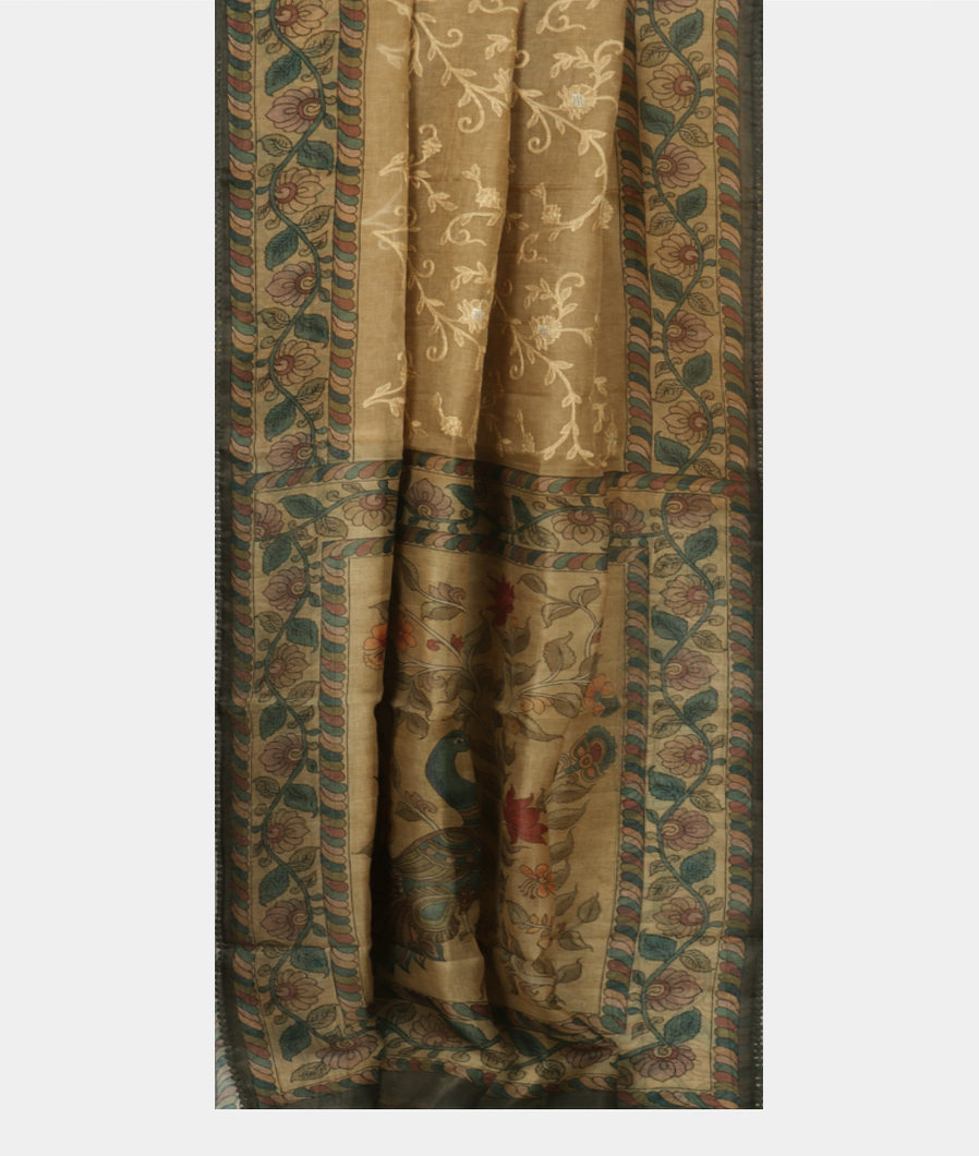 Light Khaki Kora Organza Embroidery Saree T3739432