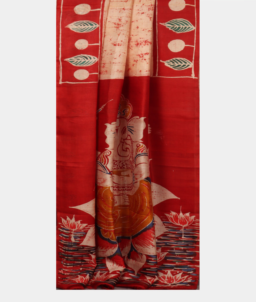 Cream Batik Printed Silk Saree T3564062