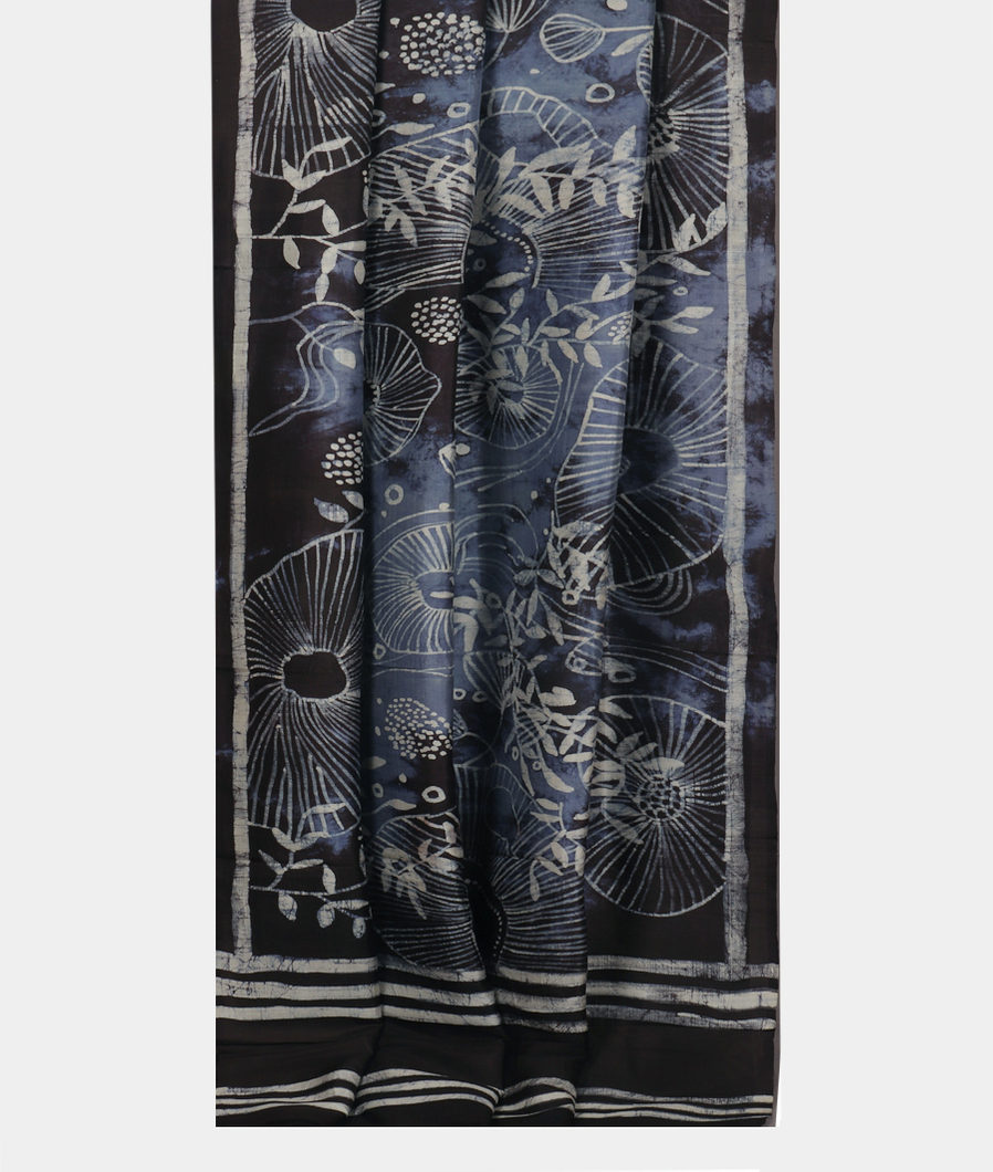 Black And Blue Batik Printed Silk Saree T3711162