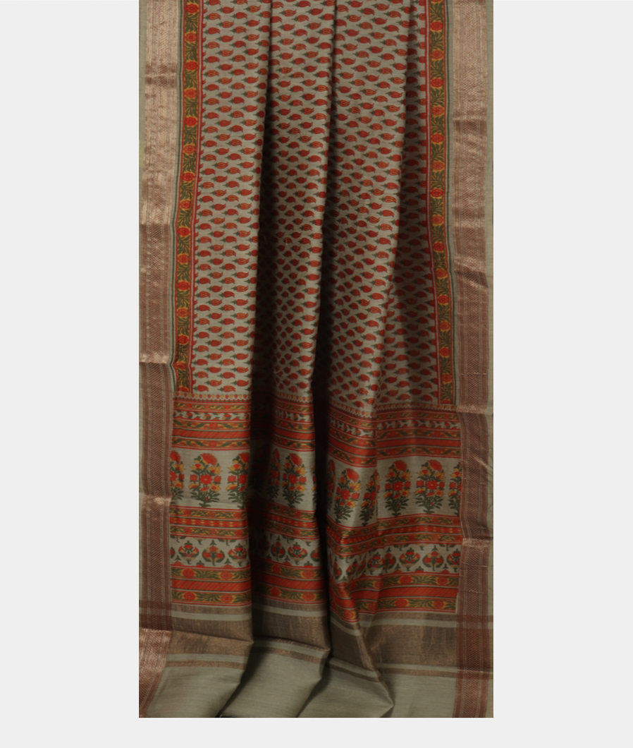 Greenish Grey Tussar Printed Saree T3721712
