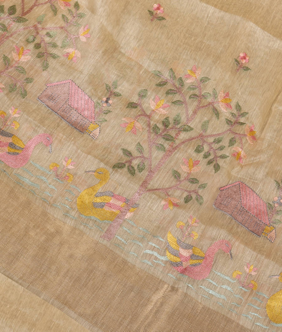 Beige Linen Embroidery Saree T368413-image