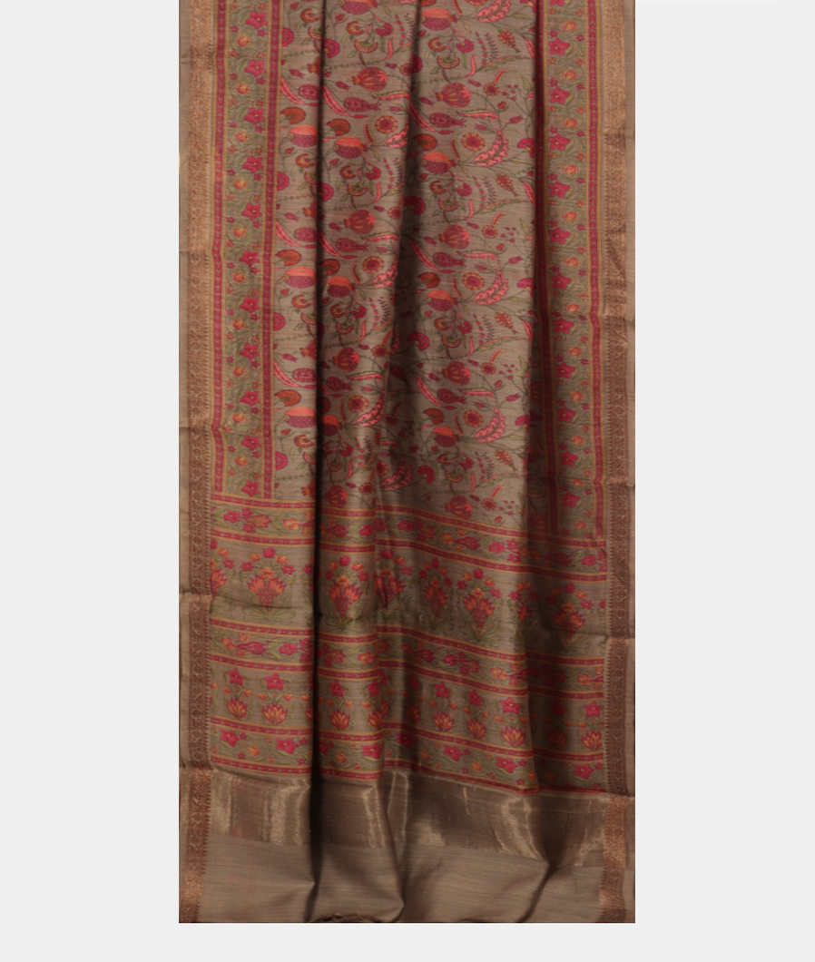 Grey Soft Tussar Printed Saree T3721622