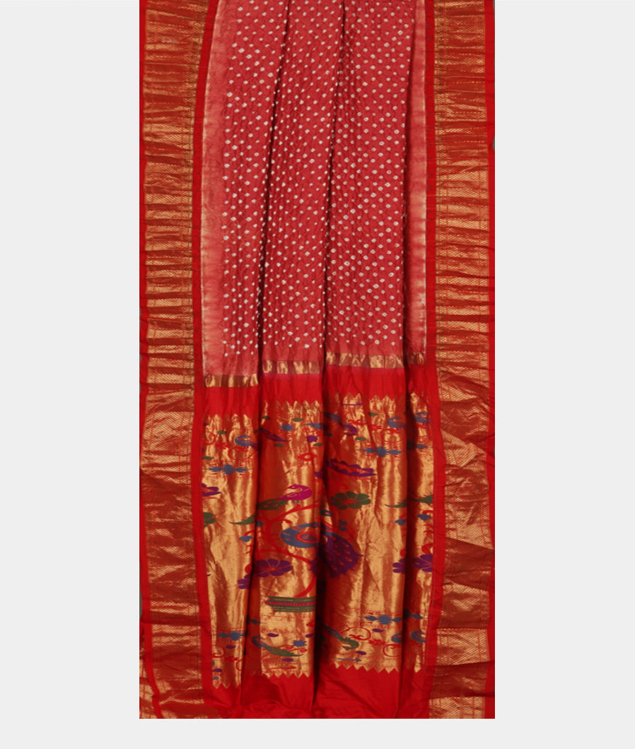 Coral Pink Bandhani Silk Saree with Paithani Pallu T3727202