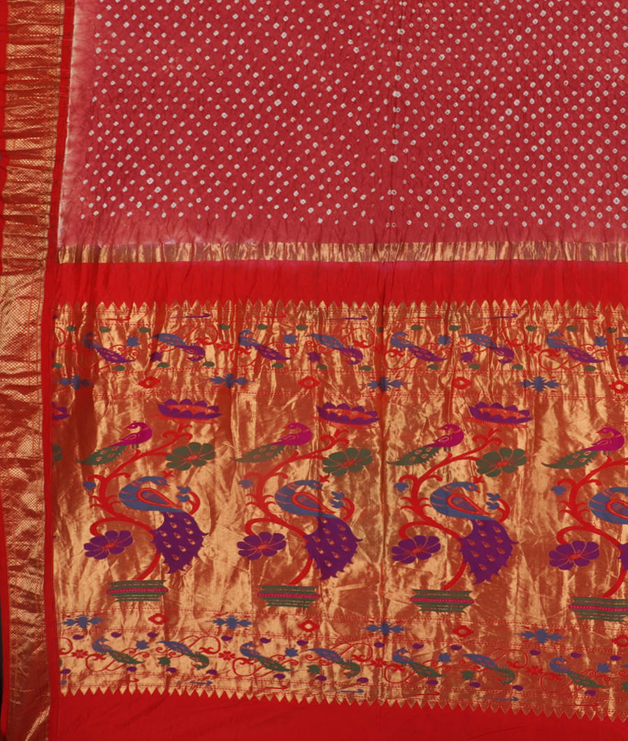 Coral Pink Bandhani Silk Saree with Paithani Pallu T3727204