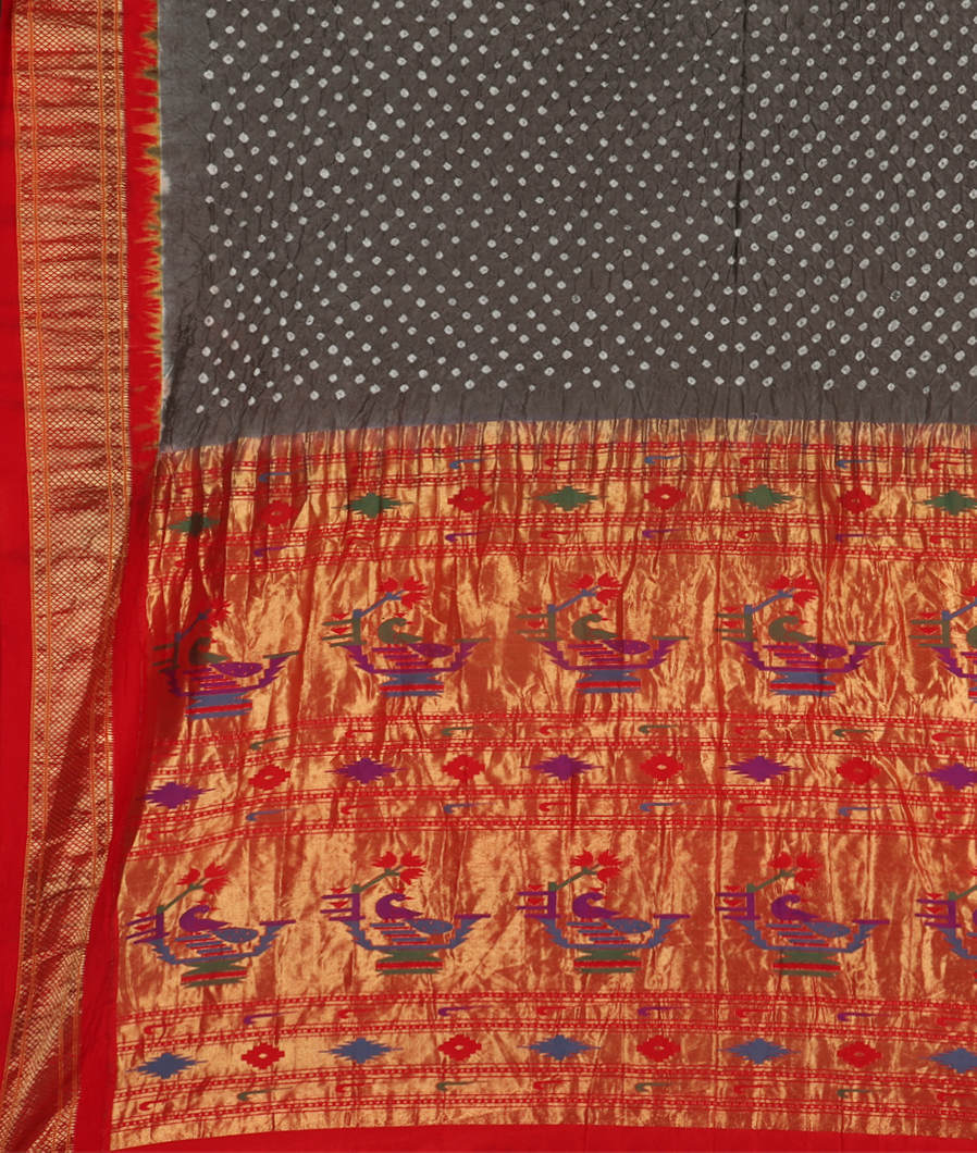 Grey Bandhani Silk Saree with Paithani Pallu T3727164