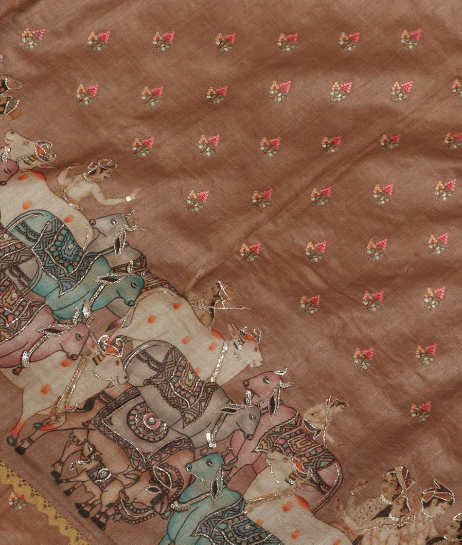 Light Brown Tussar Embroidery Saree T371765-image