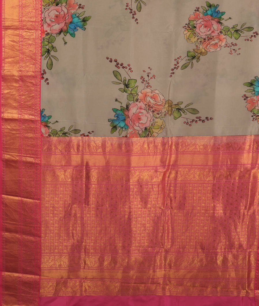 Grey Printed Soft Silk Saree&nbsp;T3722154