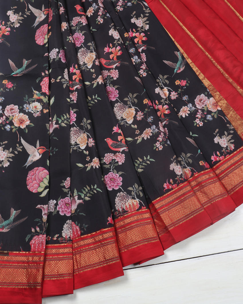 Black Printed Soft Silk Saree T3766802