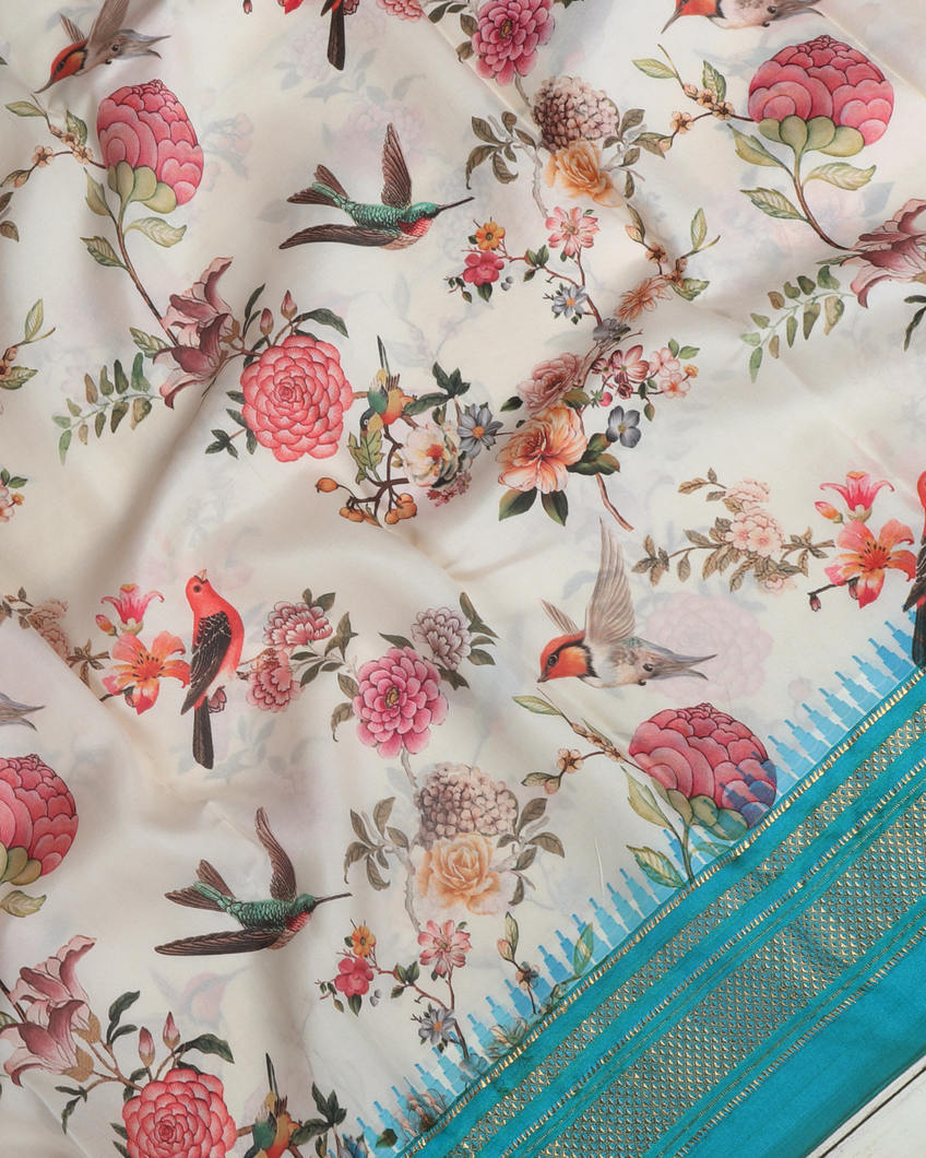 Off-White Printed Soft Silk Saree T3766934