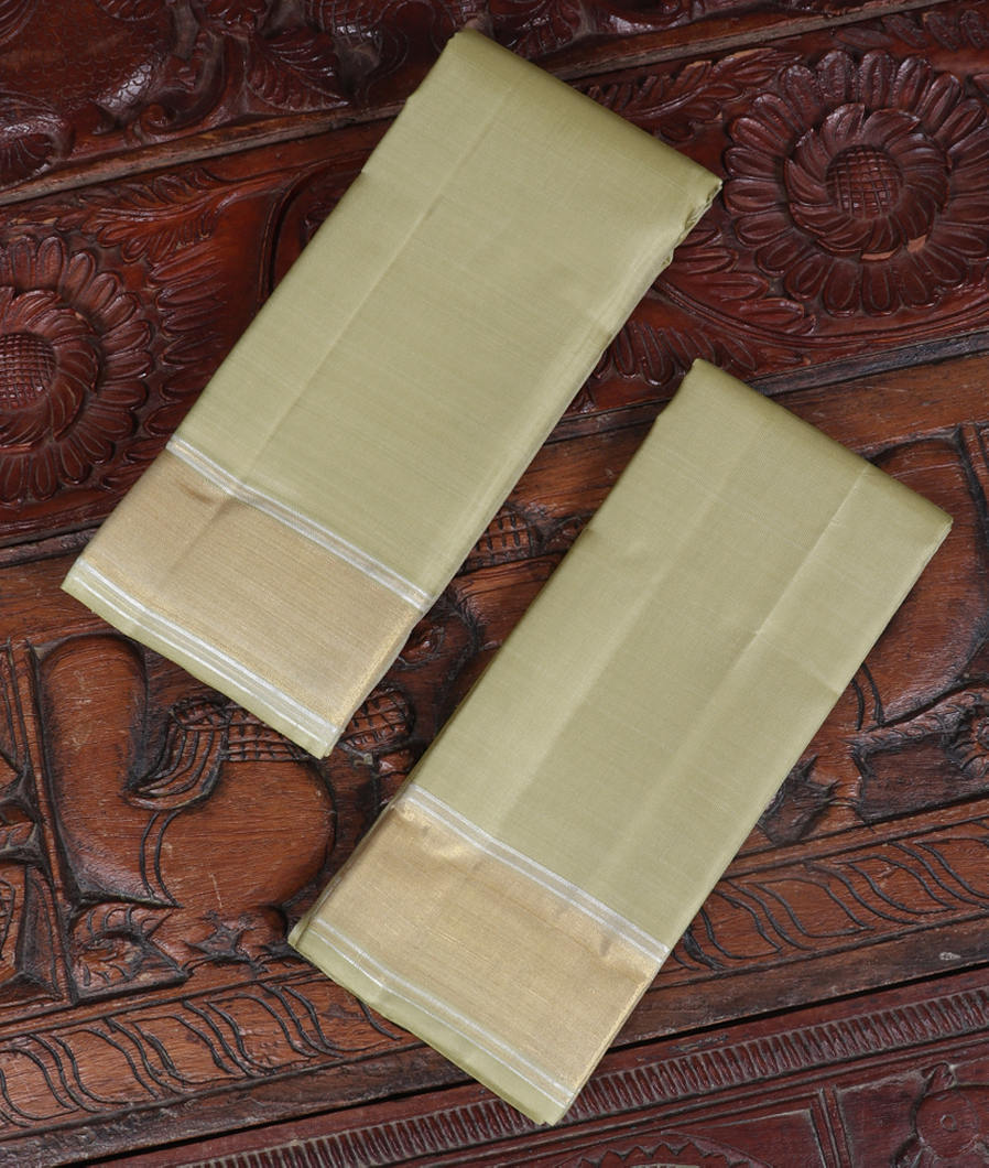 Greenish Beige Handwoven Kanjivaram Silk Dhoti and Vastharam T369278-image