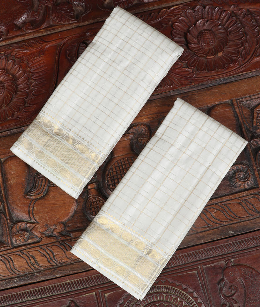 White Handwoven Kanjivaram Silk Dhoti and Vastharam T360171-image